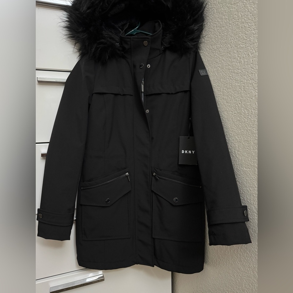 DKNY Women’s XS Black Hooded Winter Parka with Faux Fur Trim
